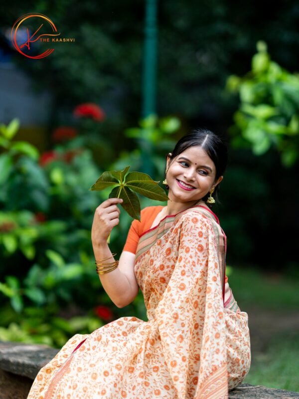 Peach Cotton Saree with Maroon Golden Border - Image 7