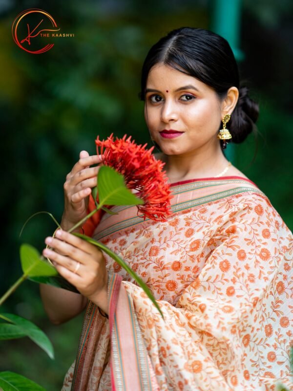 Peach Cotton Saree with Maroon Golden Border - Image 6