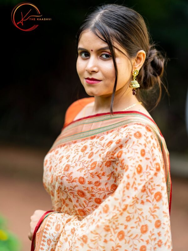 Peach Cotton Saree with Maroon Golden Border - Image 2