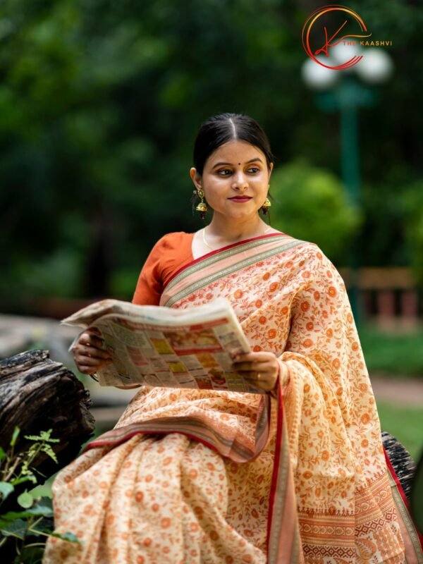 Peach Cotton Saree with Maroon Golden Border - Image 8
