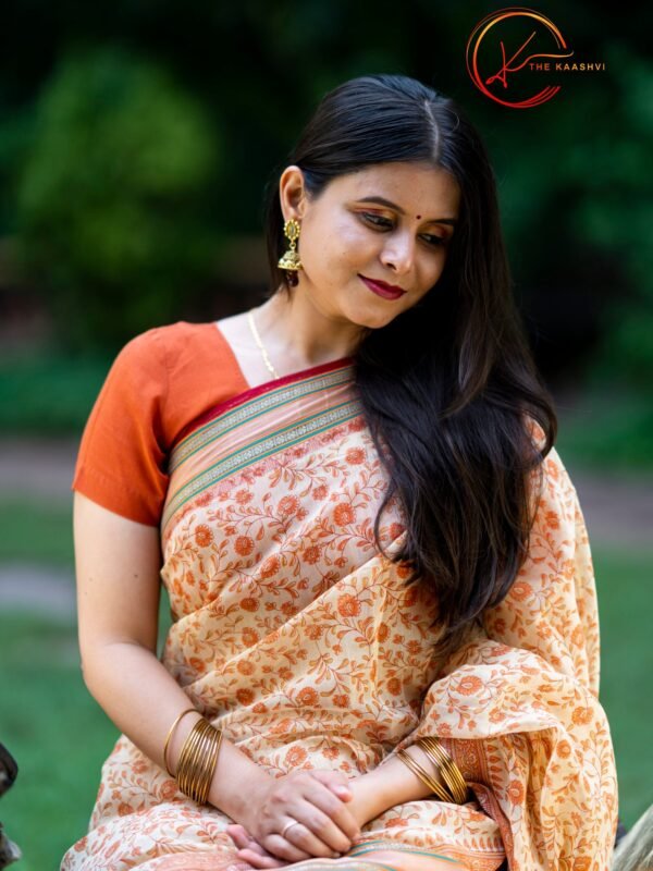 Peach Cotton Saree with Maroon Golden Border