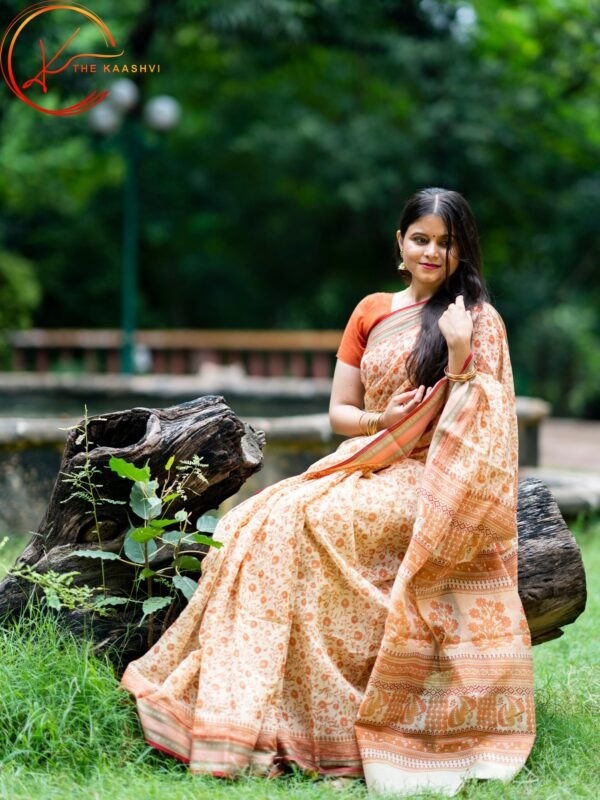 Peach Cotton Saree with Maroon Golden Border - Image 5