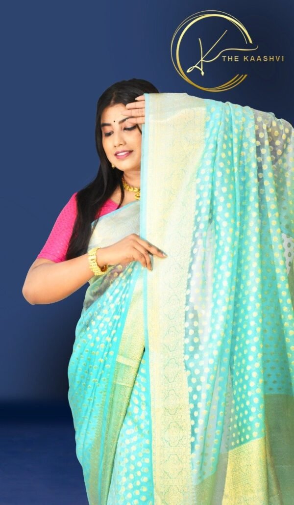 Sea Green Cora Buttiwork Banarasi Saree - Image 3