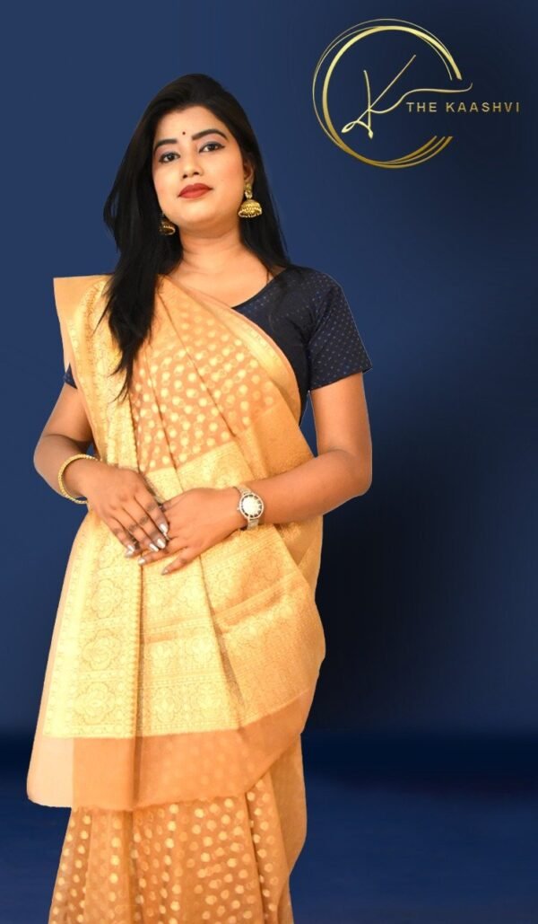 Beige Golden Cora Buttiwork Banarasi Saree - Image 5