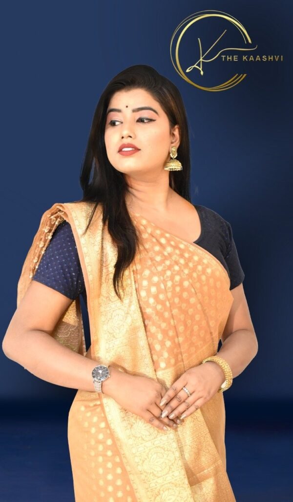 Beige Golden Cora Buttiwork Banarasi Saree - Image 3