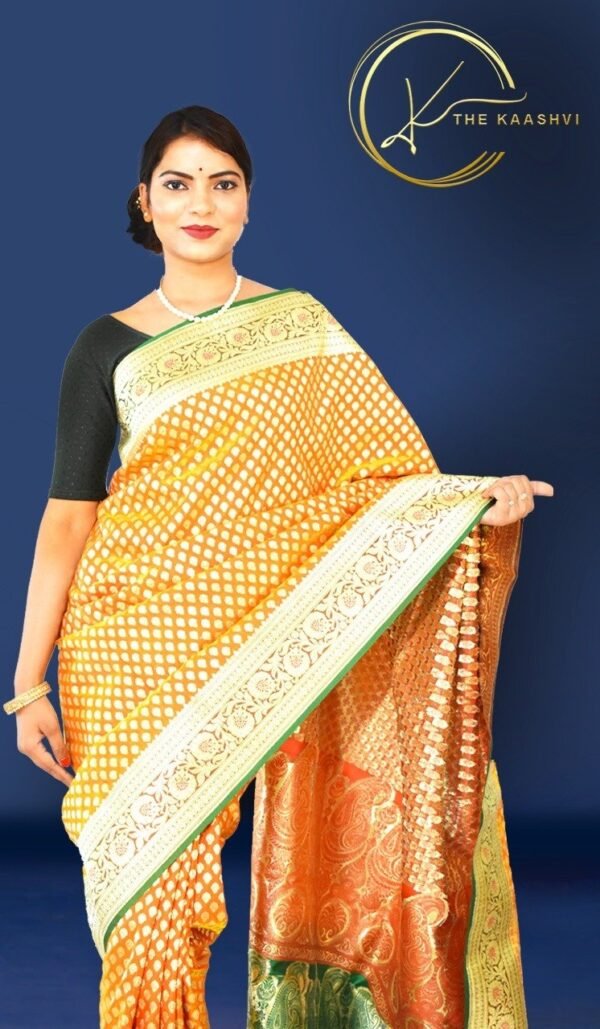 Golden Yellow Heavy Butti Work Nylon Silk Banarasi Saree