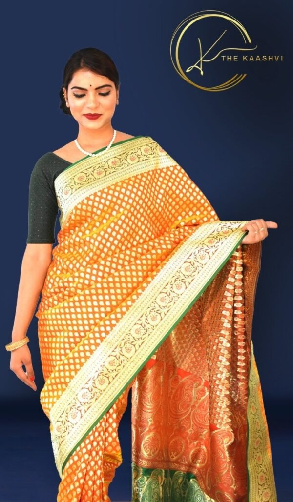 Golden Yellow Heavy Butti Work Nylon Silk Banarasi Saree - Image 2