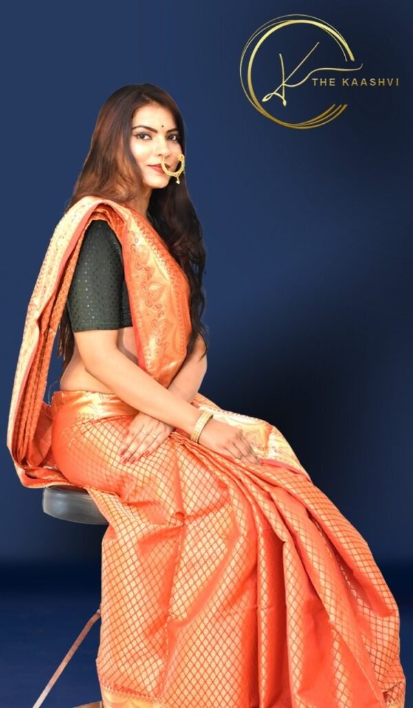 Orange Golden Heavy Butti Banarasi Saree - Image 3