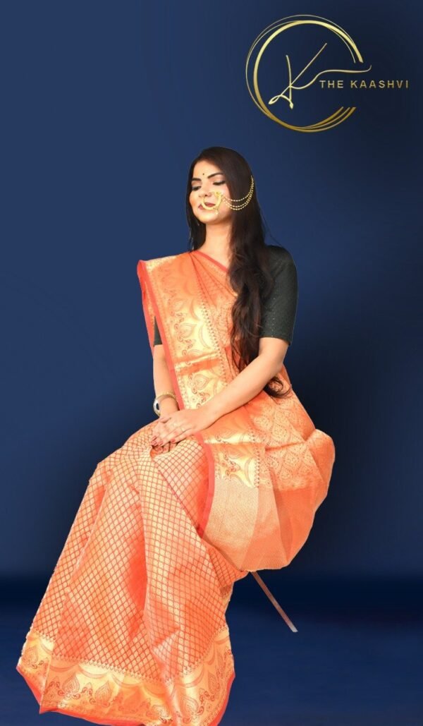 Orange Golden Heavy Butti Banarasi Saree - Image 2