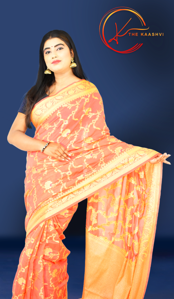 Carrot Pink Dupion Silk Banarasi Saree - Image 6