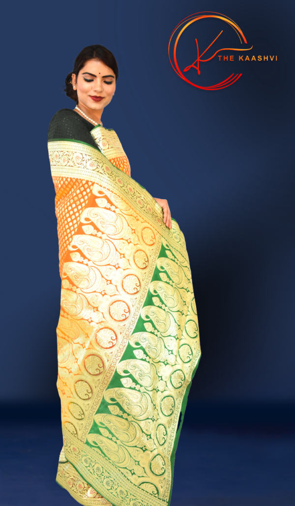 Golden Yellow Heavy Butti Work Nylon Silk Banarasi Saree - Image 9