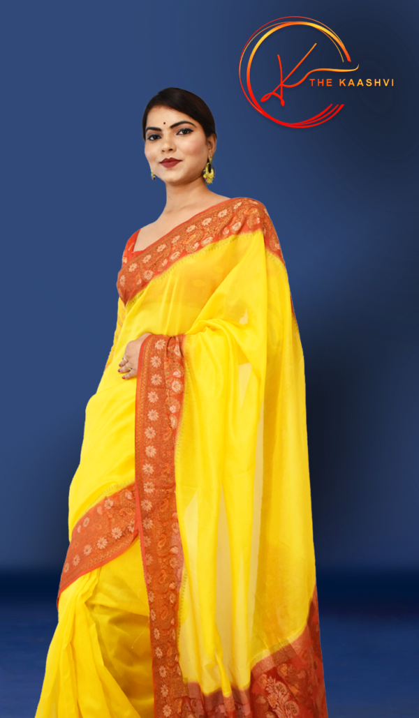Bright Yellow With Red Border Cora Banarasi Silk Saree