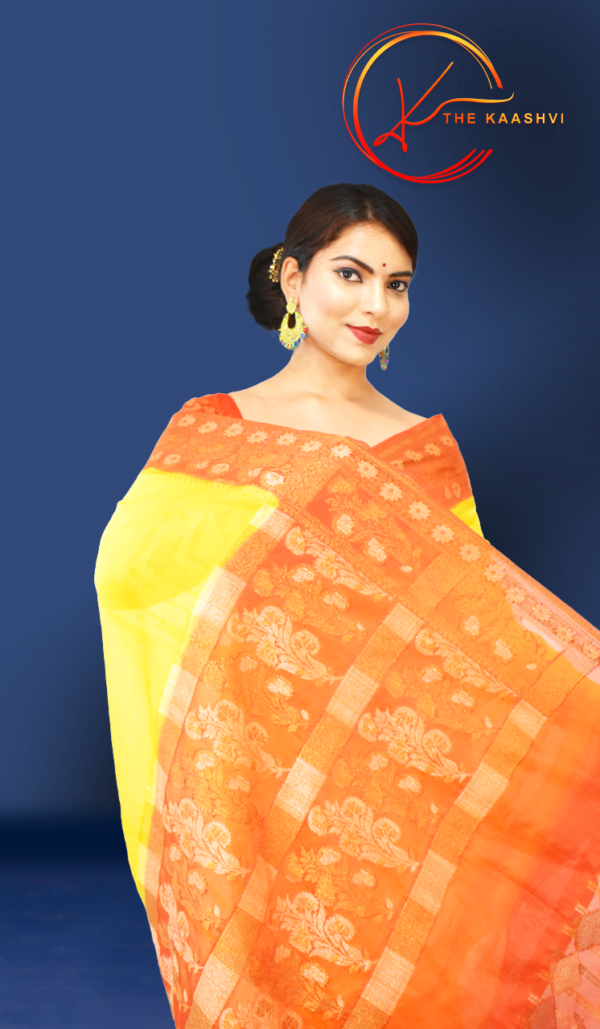 Bright Yellow With Red Border Cora Banarasi Silk Saree - Image 7