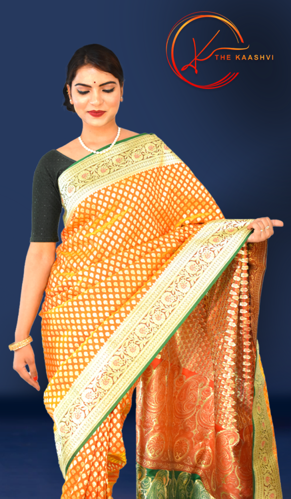 Golden Yellow Heavy Butti Work Nylon Silk Banarasi Saree - Image 10