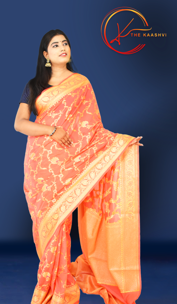 Carrot Pink Dupion Silk Banarasi Saree - Image 5