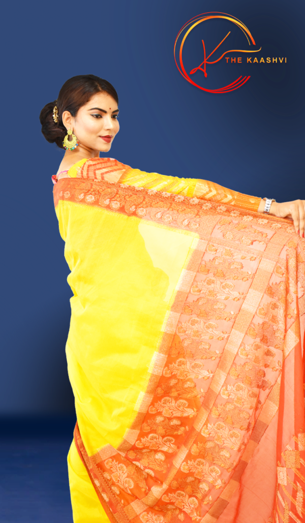 Bright Yellow With Red Border Cora Banarasi Silk Saree - Image 6