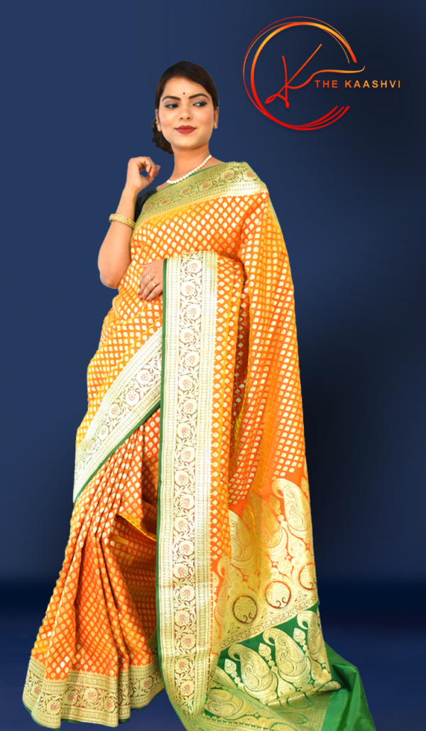 Golden Yellow Heavy Butti Work Nylon Silk Banarasi Saree - Image 8