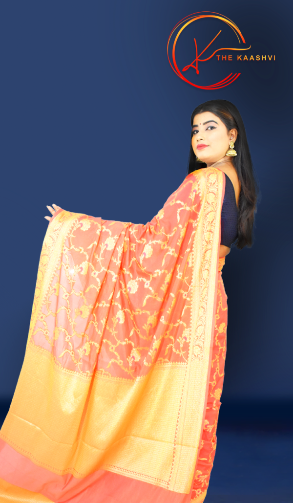 Carrot Pink Dupion Silk Banarasi Saree - Image 3