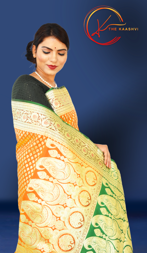 Golden Yellow Heavy Butti Work Nylon Silk Banarasi Saree - Image 7