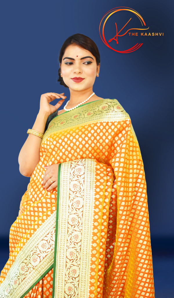 Golden Yellow Heavy Butti Work Nylon Silk Banarasi Saree - Image 6