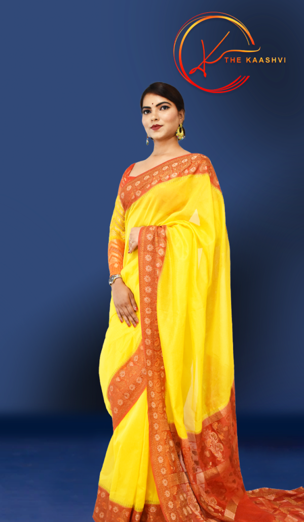 Bright Yellow With Red Border Cora Banarasi Silk Saree - Image 3