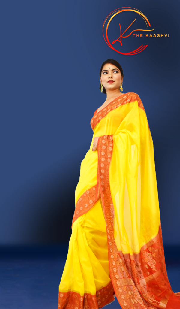 Bright Yellow With Red Border Cora Banarasi Silk Saree - Image 2