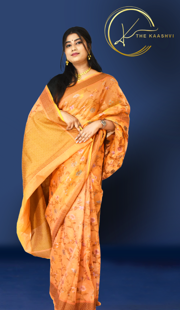 Orange Semi Cotton Banarasi Saree - Image 3