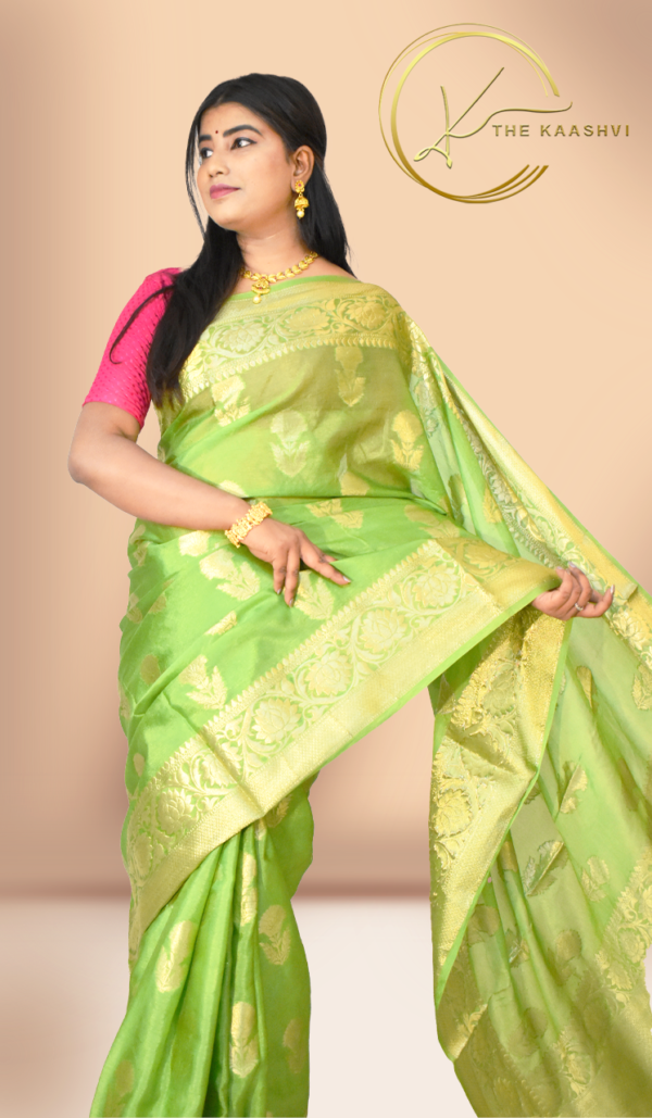 Lime Green Cotton Silk Banarasi Saree - Image 3