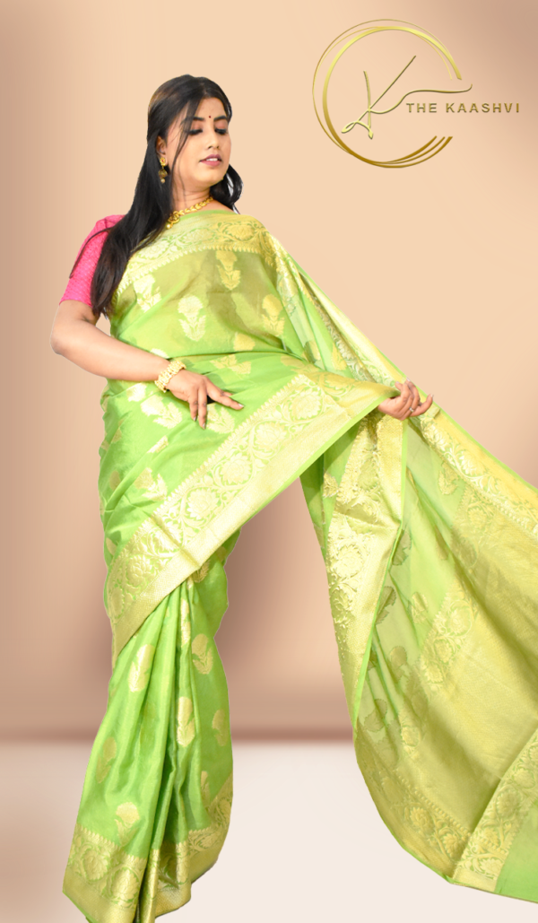 Lime Green Cotton Silk Banarasi Saree - Image 2
