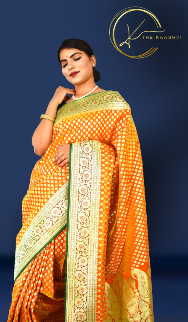 Golden Yellow Heavy Butti Work Nylon Silk Banarasi Saree - Image 3