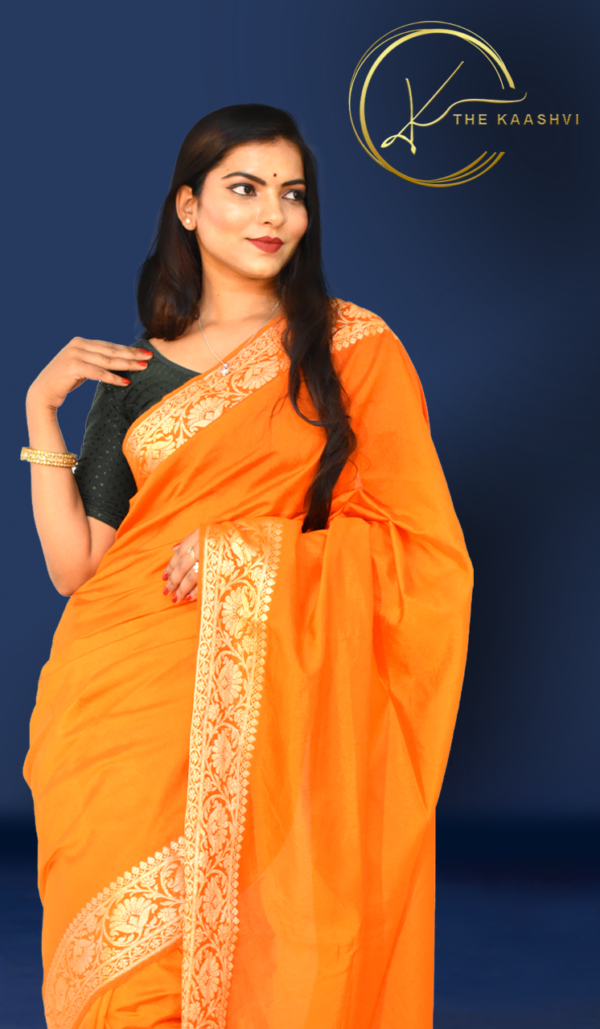 Orange Golden Heavy Butti Banarasi Sareee - Image 3