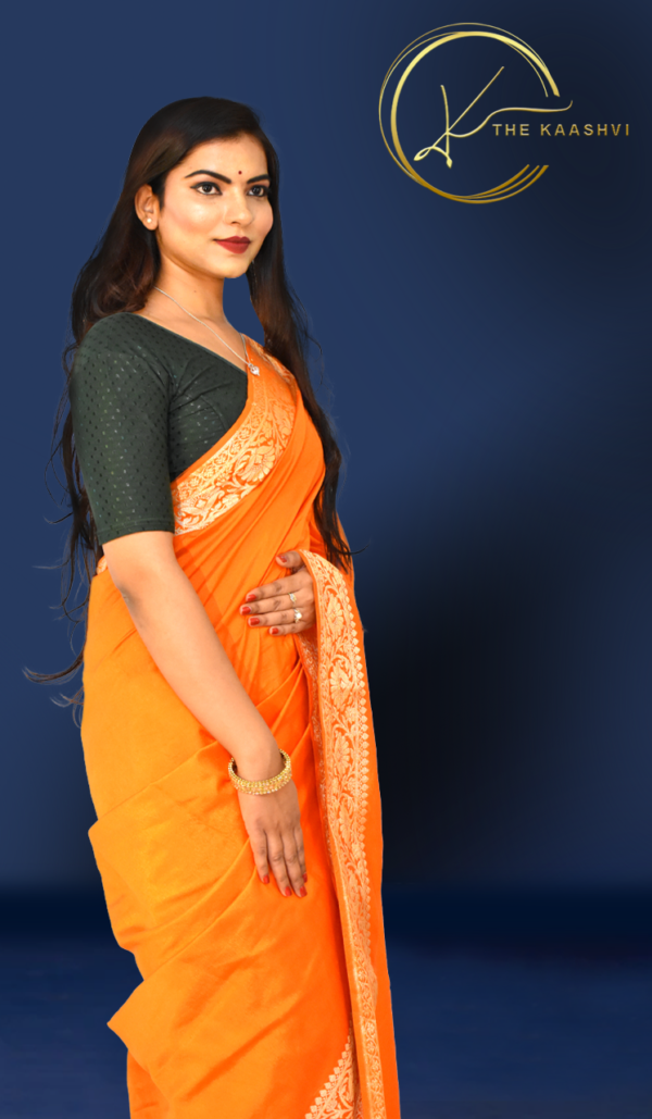 Bright Orange Golden Border Dupion Plain Banarasi Silk Saree - Image 3