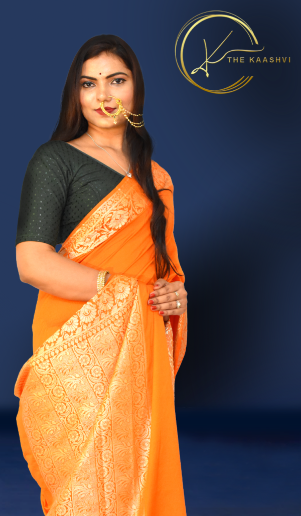Bright Orange Golden Border Dupion Plain Banarasi Silk Saree - Image 6