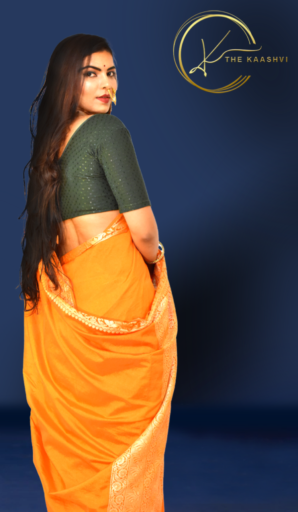 Bright Orange Golden Border Dupion Plain Banarasi Silk Saree - Image 7