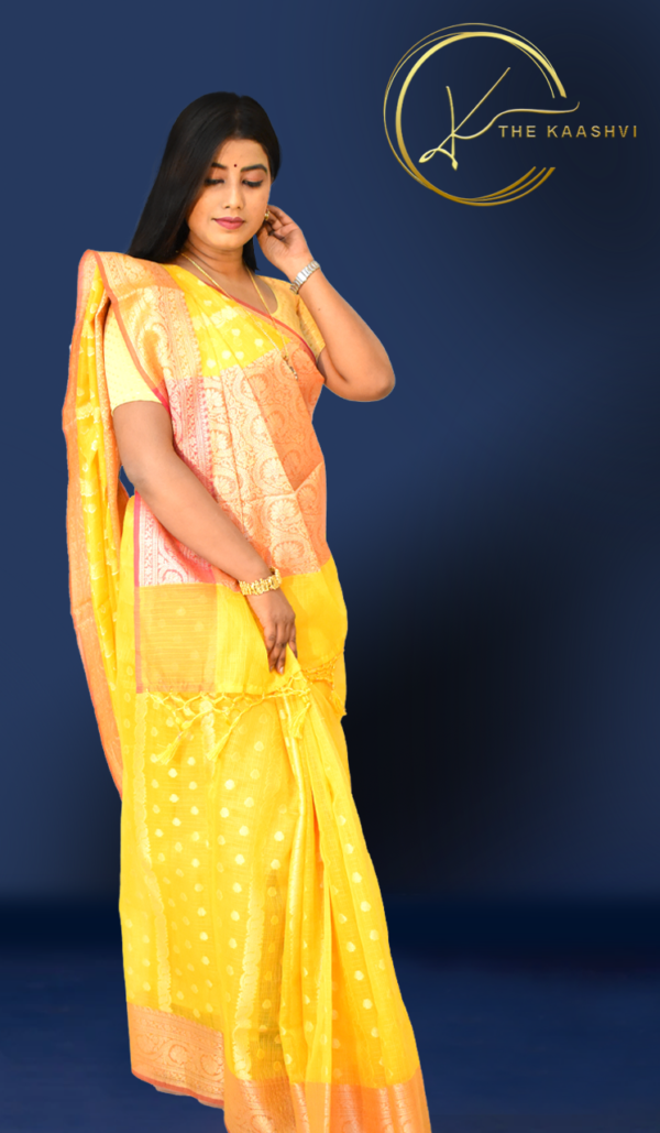 Corn Yellow Cora Cotton Banarasi Saree - Image 3