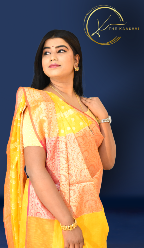 Corn Yellow Cora Cotton Banarasi Saree - Image 4