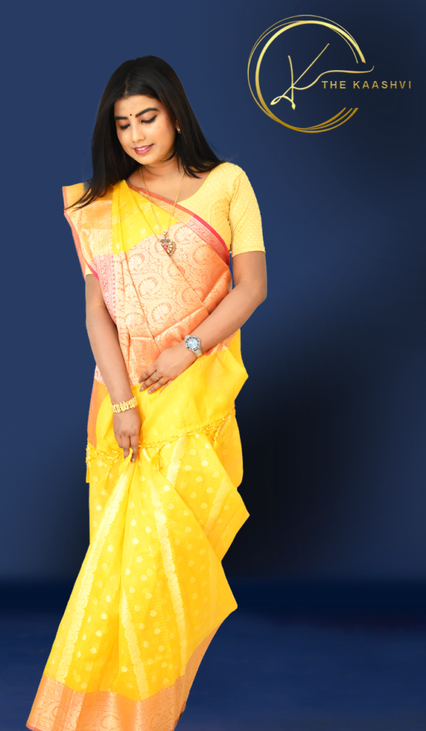 Corn Yellow Cora Cotton Banarasi Saree - Image 6