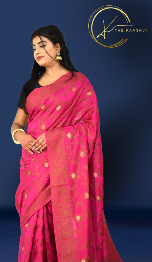 Wine Pink Jaali Dupion Banarasi Saree - Image 4