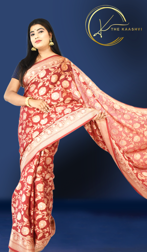 Maroon With Golden Jaali Banaras Saree - Image 3