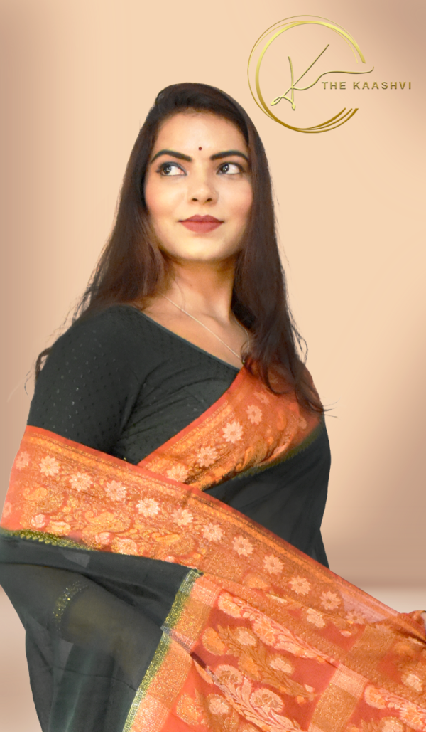 Bottle Green With Red Border Cora Banarasi Silk Saree - Image 2