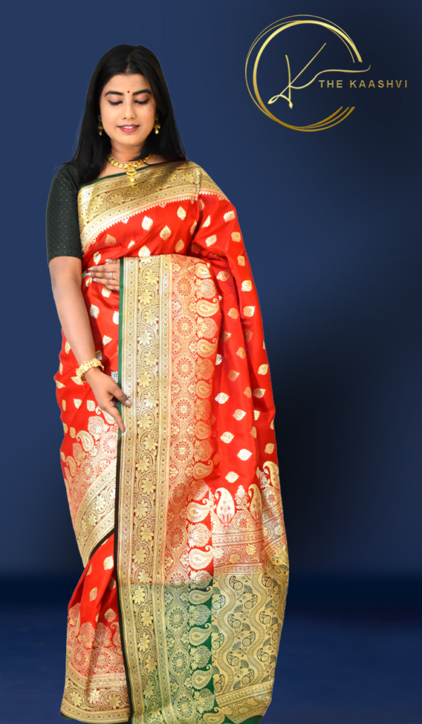 Golden Red Heavy Butti Work Nylon Silk Banarasi Saree Buty - Image 2