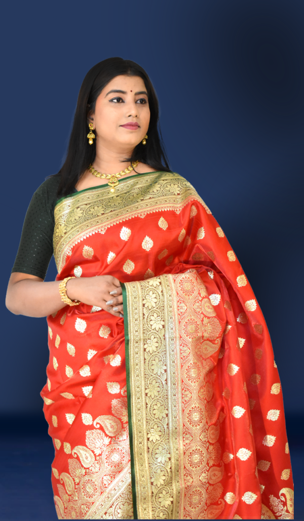 Golden Red Heavy Butti Work Nylon Silk Banarasi Saree Buty - Image 3