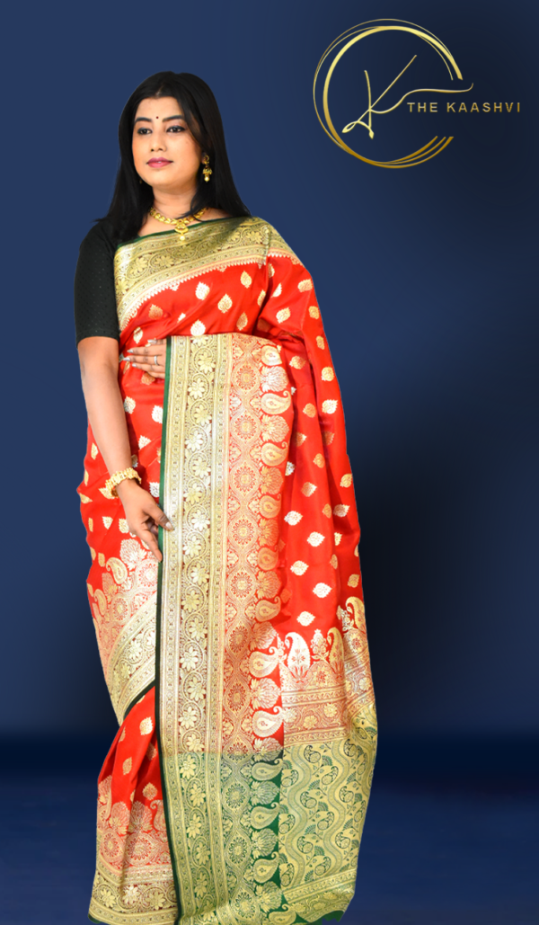 Golden Red Heavy Butti Work Nylon Silk Banarasi Saree Buty - Image 4