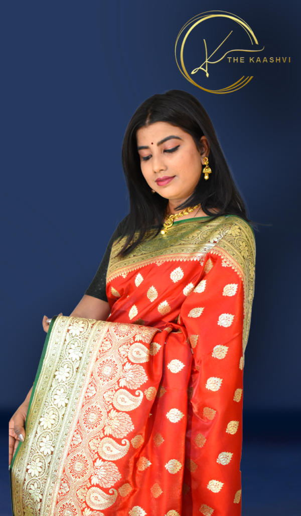 Golden Red Heavy Butti Work Nylon Silk Banarasi Saree Buty - Image 5