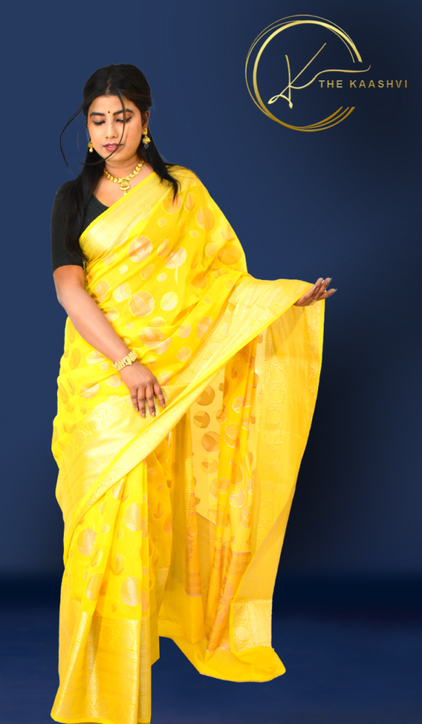 Lime Yellow Dupion Silk Banarasi Saree - Image 2