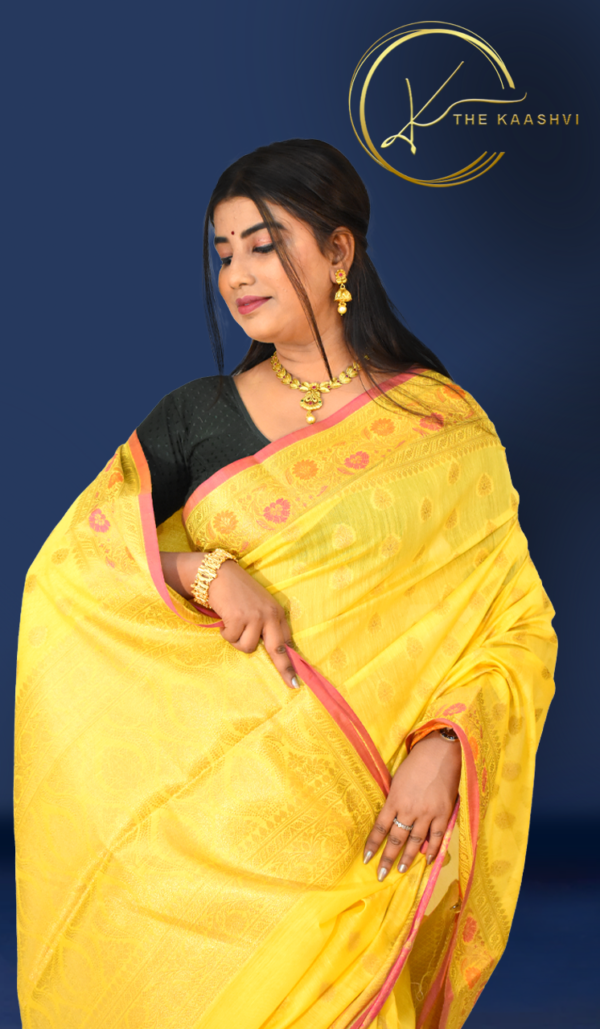 Yellow Cotton Silk Butti Banarasi Saree - Image 2