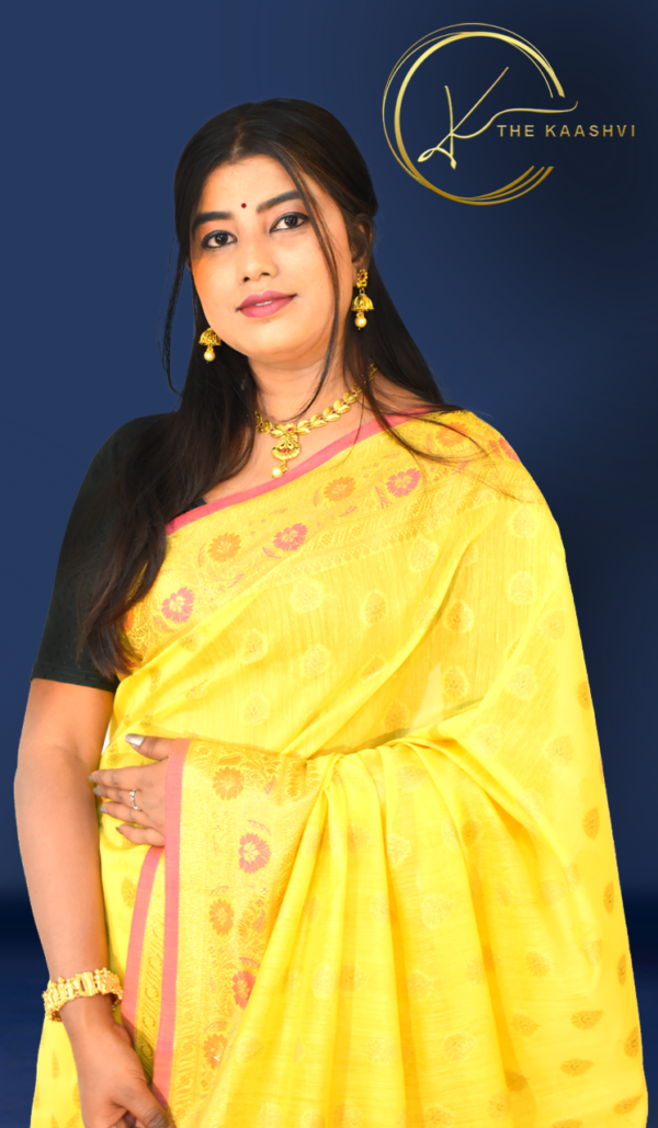 Yellow Cotton Silk Butti Banarasi Saree - Image 3