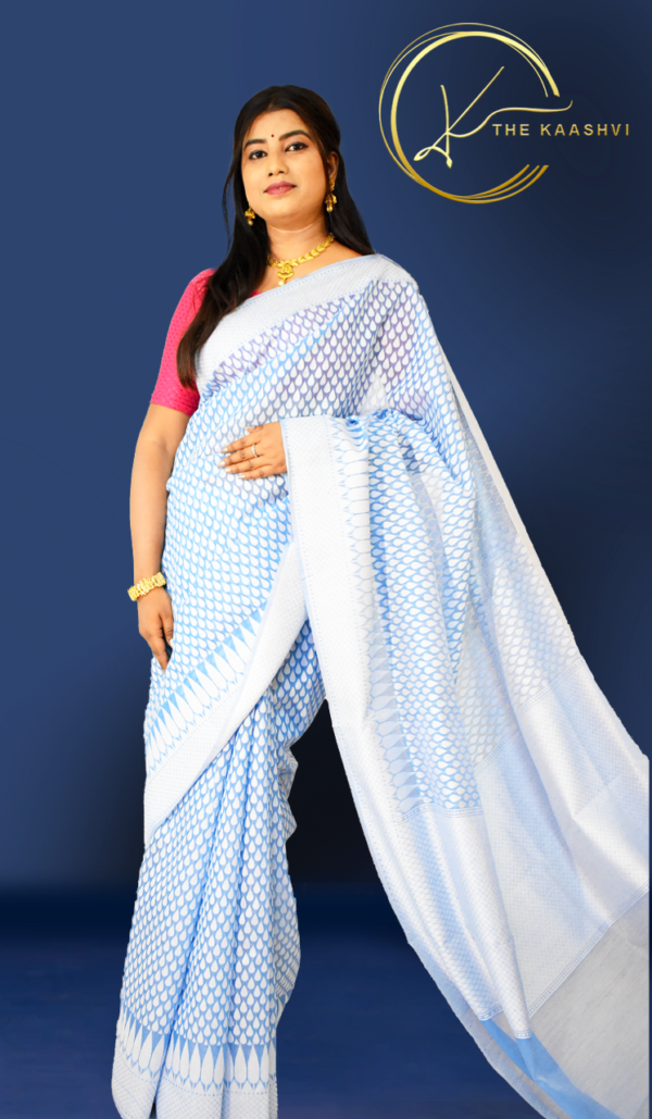 Sea Blue With White Butti Cotton Banarasi Saree - Image 5