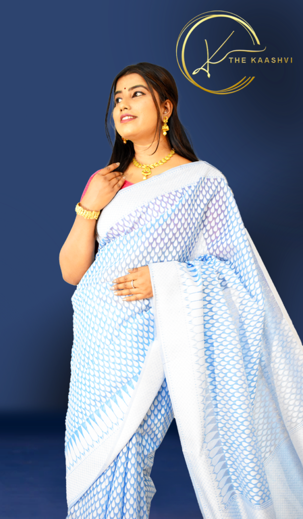 Sea Blue With White Butti Cotton Banarasi Saree - Image 4
