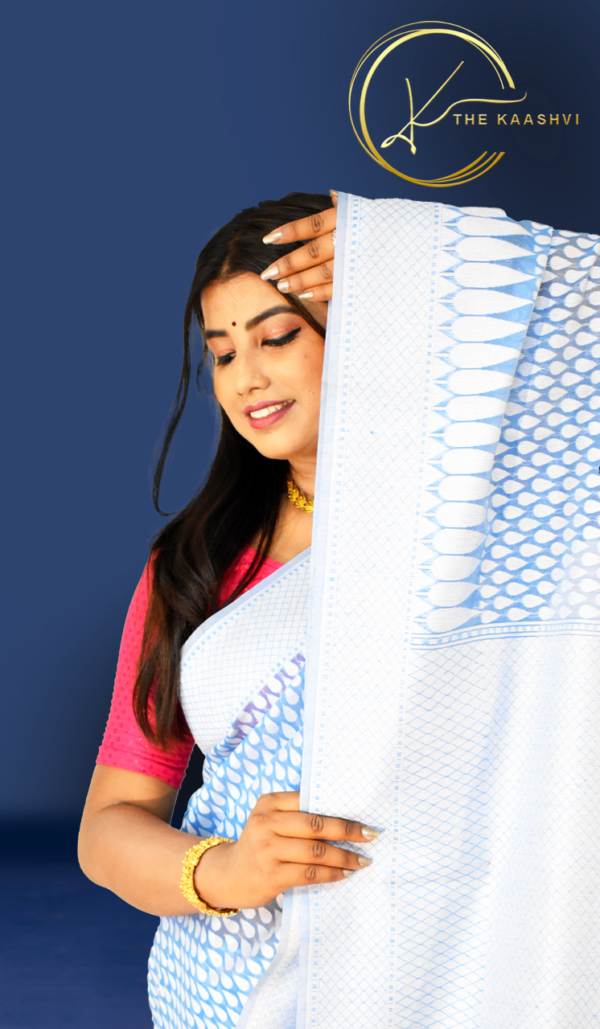 Sea Blue With White Butti Cotton Banarasi Saree - Image 3